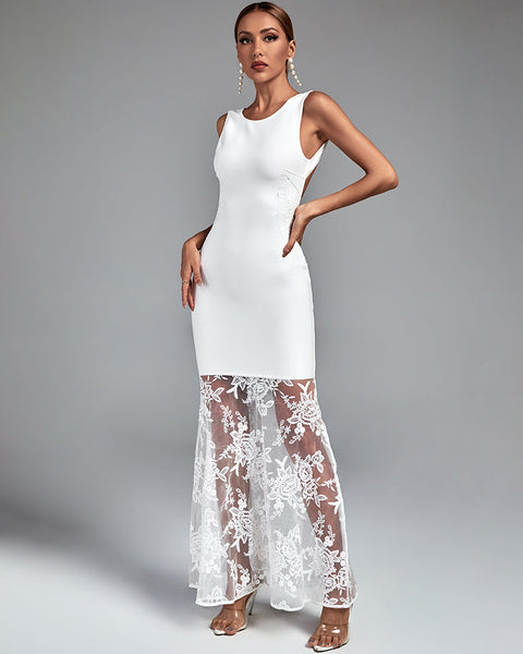 Round Neck Sleeveless Maxi Lace Bandage Dress - Opulent Empire