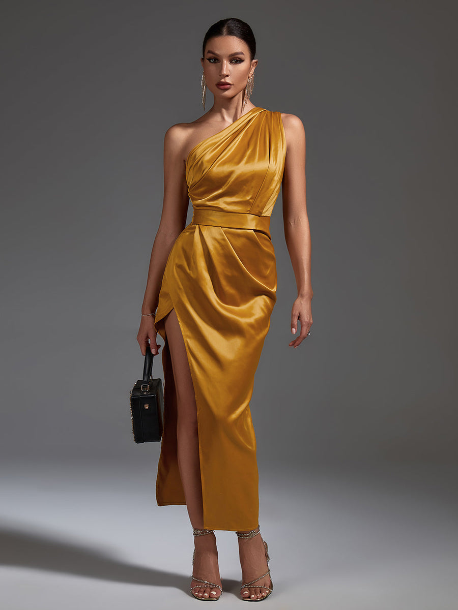 Elegant one-shoulder satin dress with pearl accents