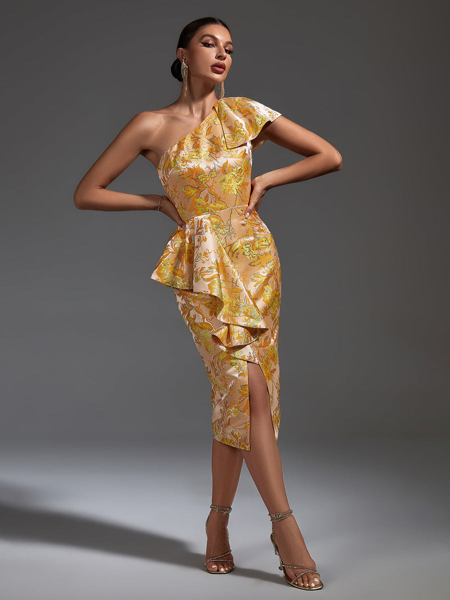 Elegant Midi Bodycon Dress with Slanted Shoulders and Attractive Slit