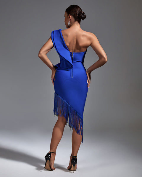 One Shoulder Tassels Midi Bandage Dress - Opulent Empire