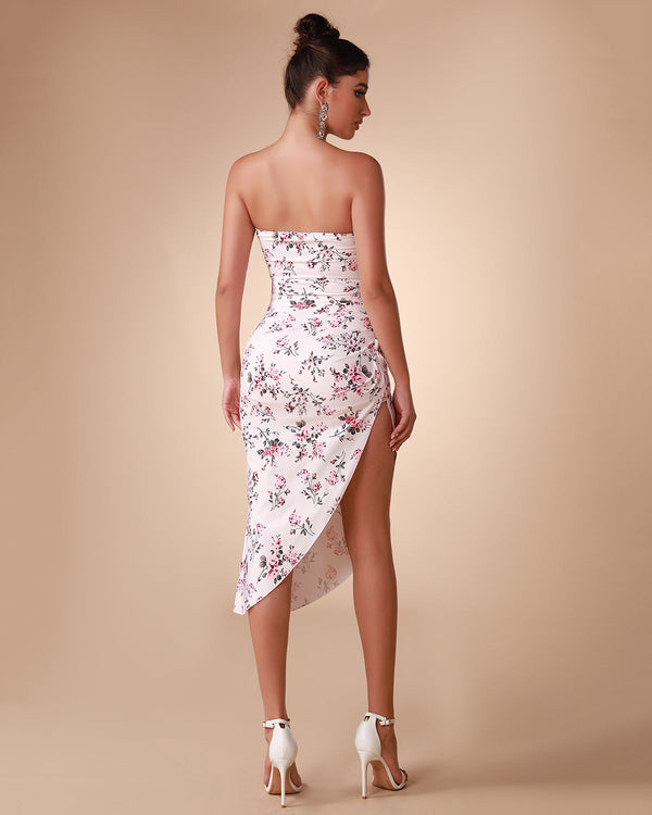 Elegant and sophisticated floral patterned satin strapless dress