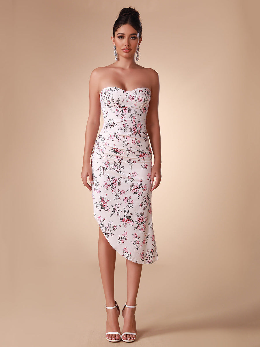 Elegant and sophisticated floral patterned satin strapless dress