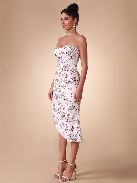Elegant and sophisticated floral patterned satin strapless dress
