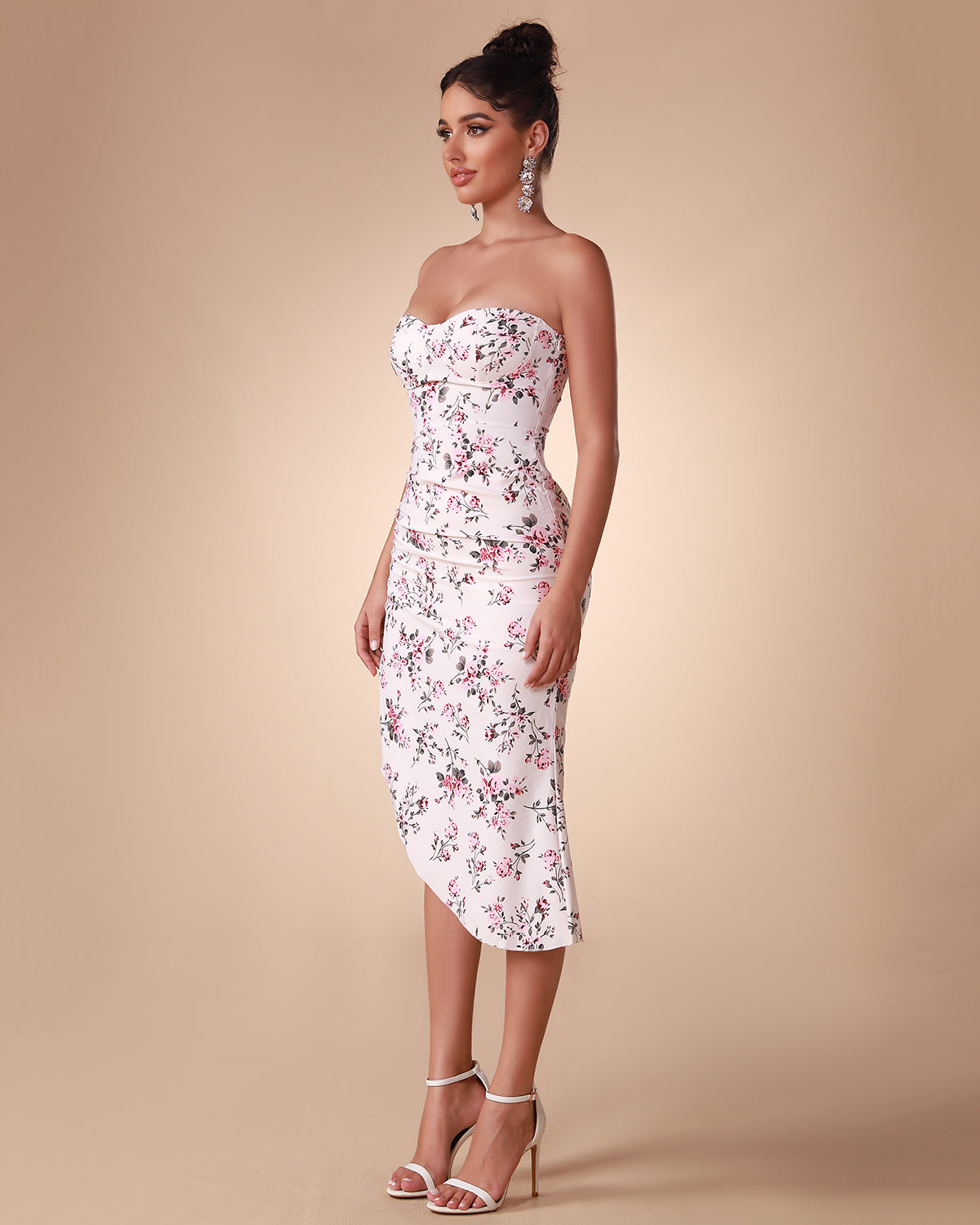 Elegant and sophisticated floral patterned satin strapless dress