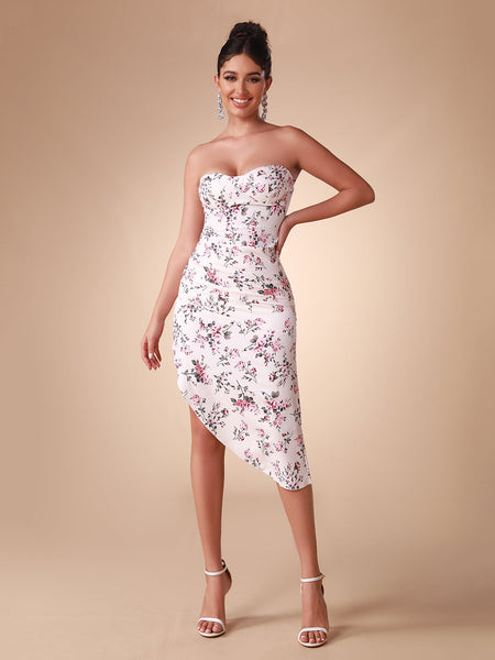 Elegant and sophisticated floral patterned satin strapless dress