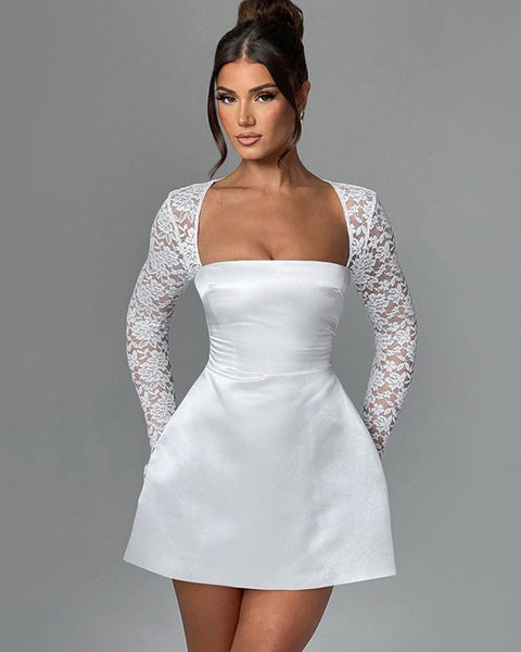 Short satin dress with lace sleeves in A-line style