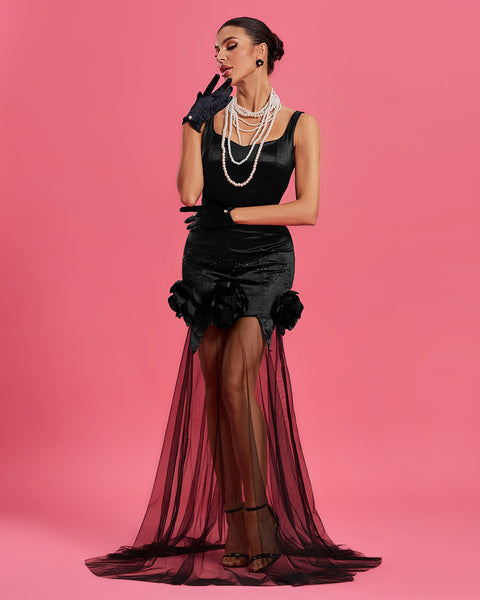 Elegant 3D Floral Transparent Knit Maxi Dress