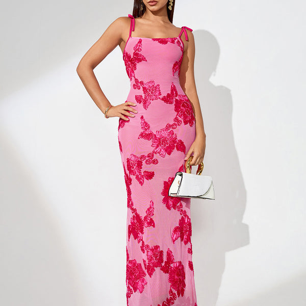 3D Floral Embroidered Knot-strap Maxi Dress - Opulent Empire