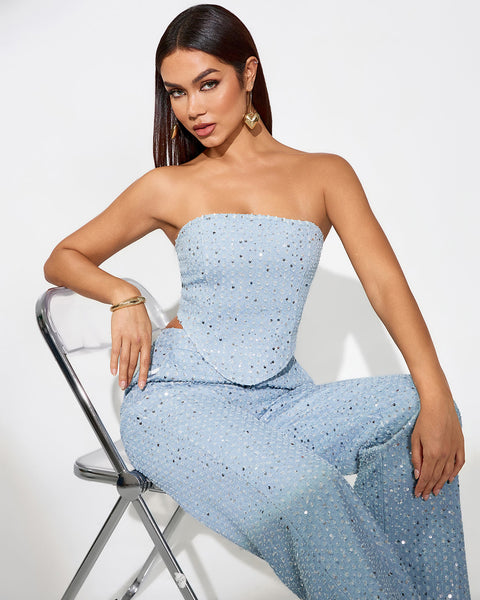 Two-piece sky blue sparkling ensemble
