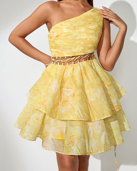 Dress with asymmetrical shoulder design and A-line cut with cut-out details