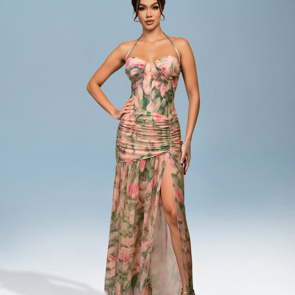 Holiday Dress with Floral Print and Slit
