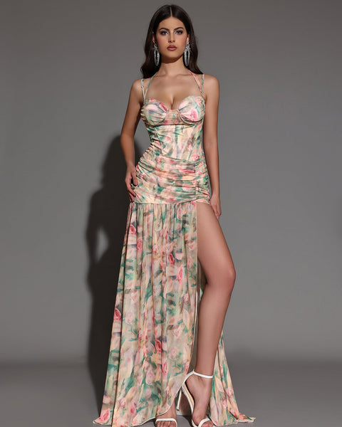 Elegant floral print maxi dress with side slit