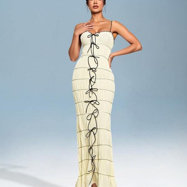 Elegant Maxi Dress with Pleated Bow Tie