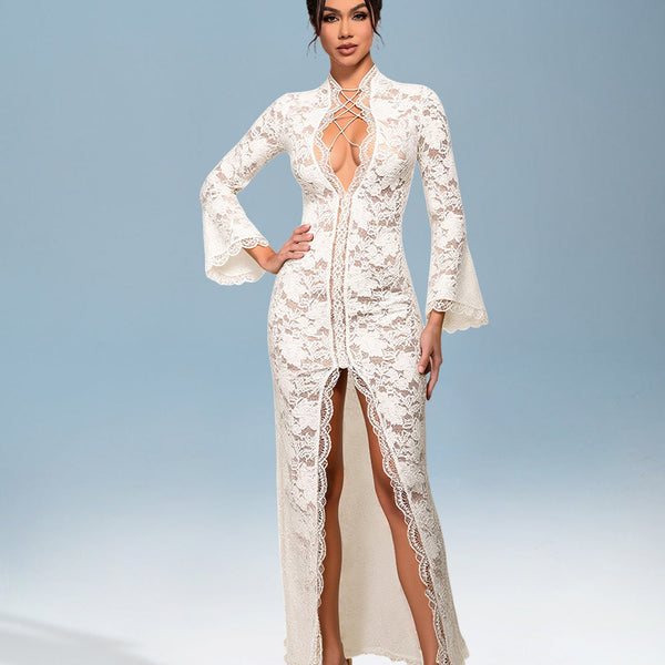 Sexy Lace Dress with Deep V-Neck and Tie