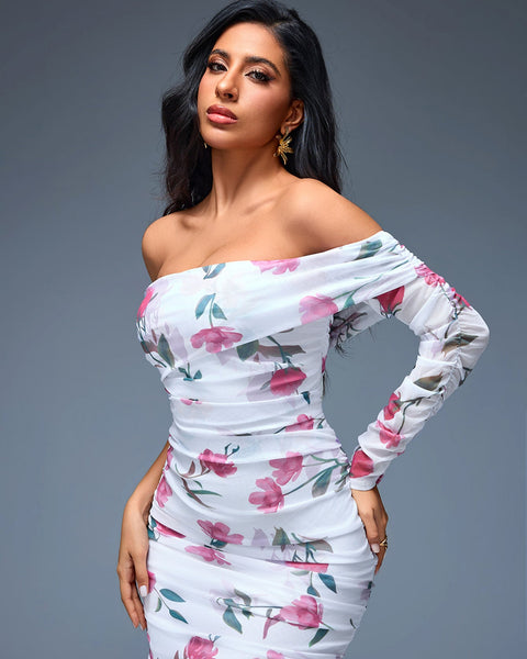 Floral Midi Camisole Dress with Ruffles and One Shoulder