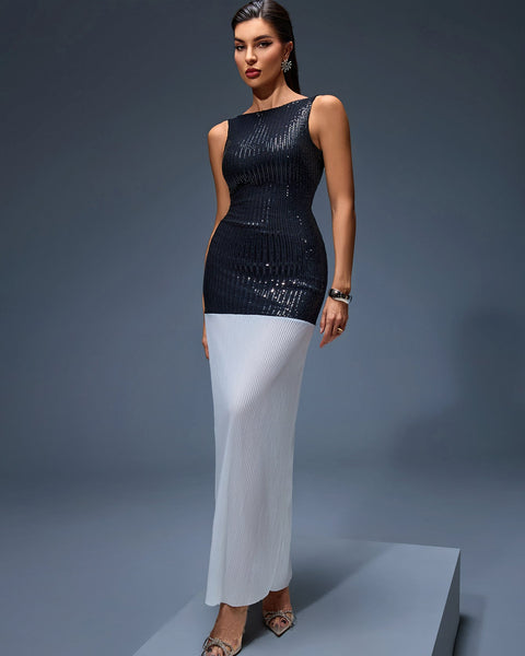 Long Sparkling Patchwork Dress with Cut-Out Back