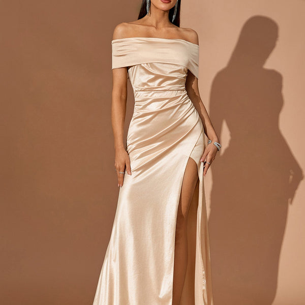 Off Shoulder High-Slit Satin Dress