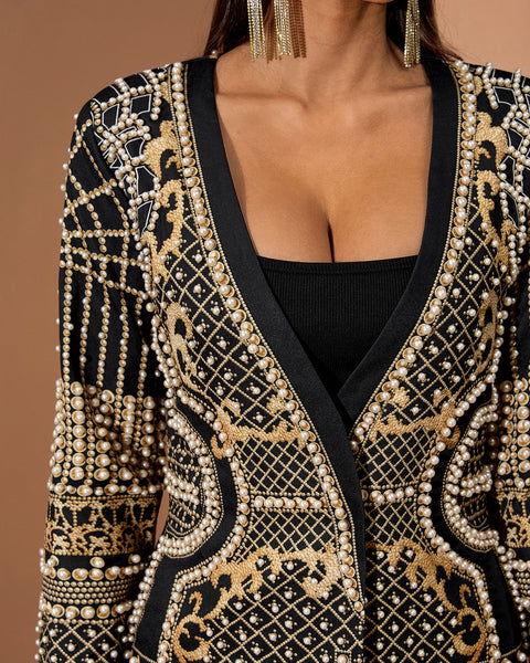 Pearl Embroidery Blazer Deep V Dress