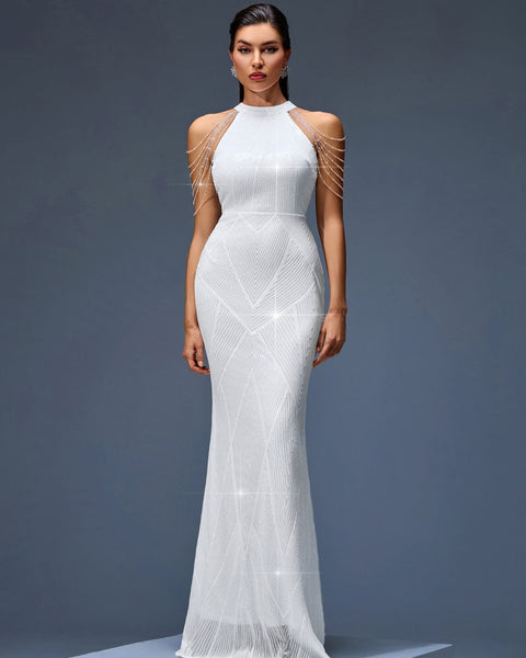 Elegant evening gown with beaded chain and fringe