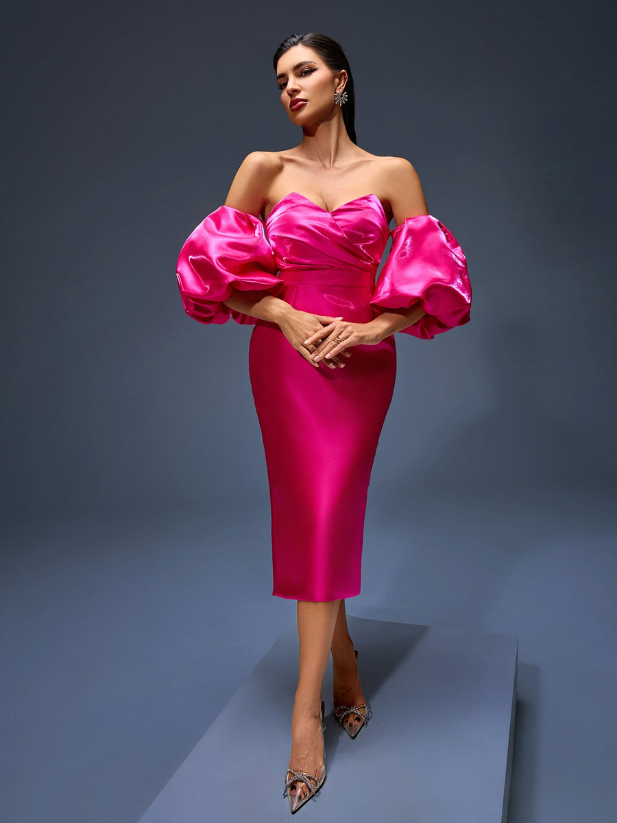 Elegant off-shoulder satin dress with puffy sleeves and ruffle