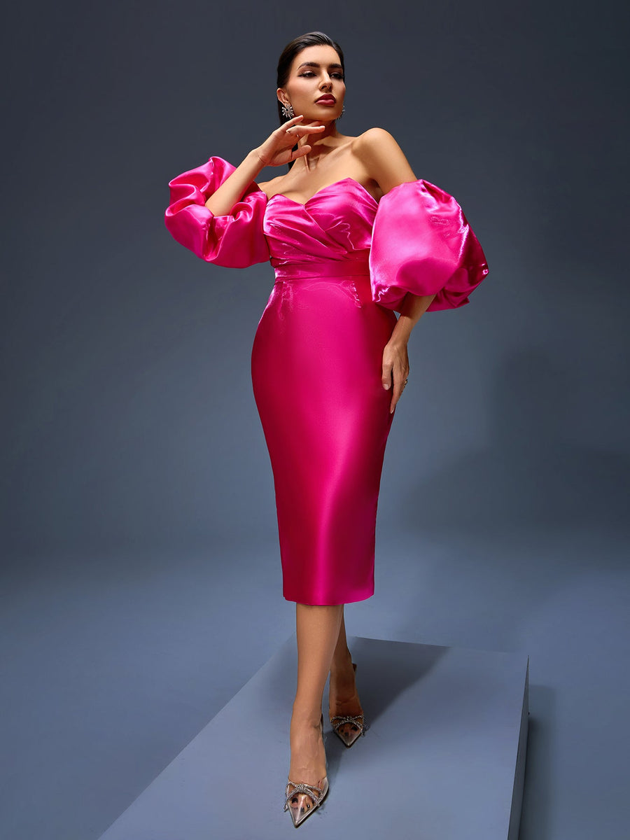 Elegant off-shoulder satin dress with puffy sleeves and ruffle