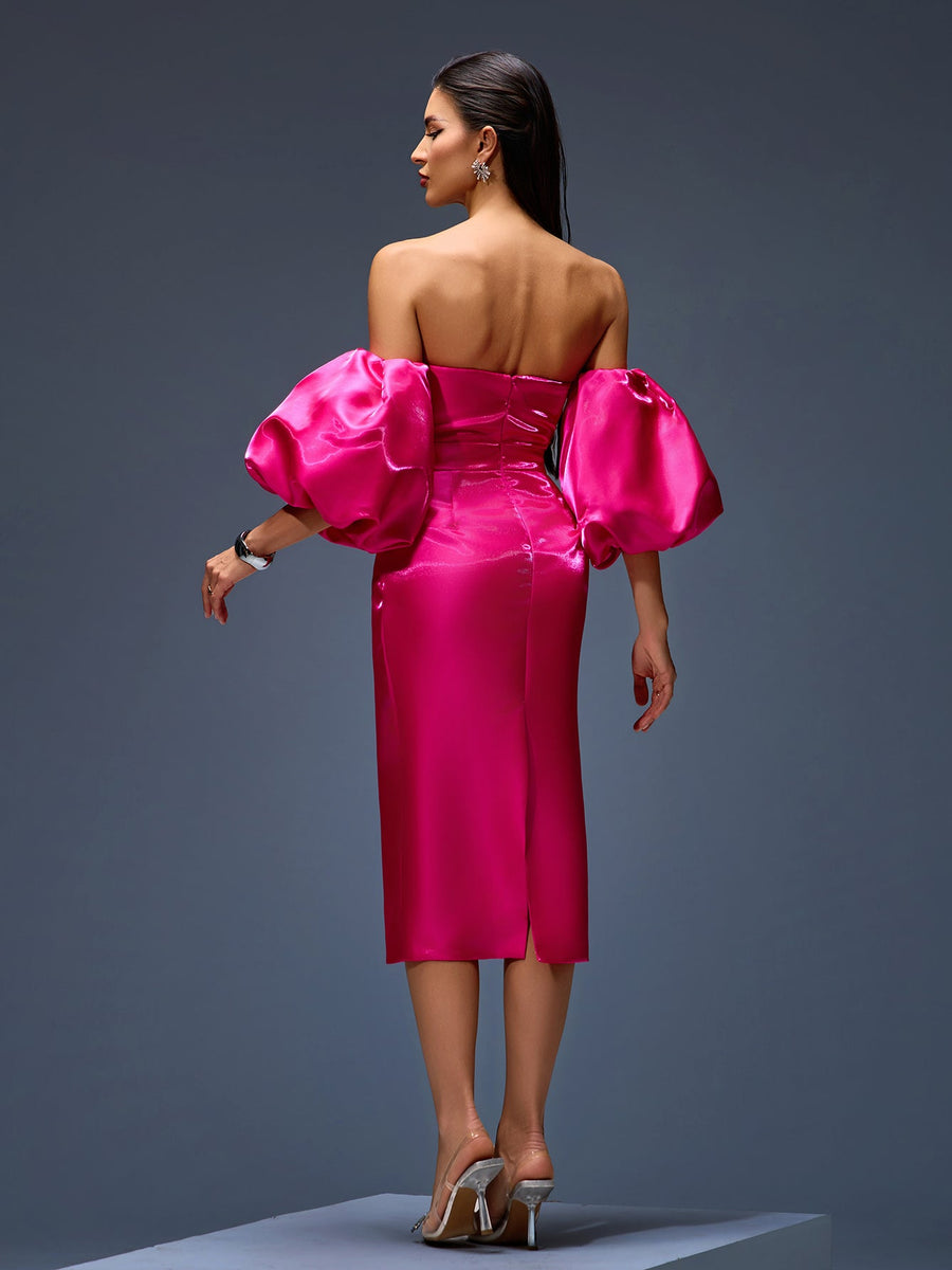 Elegant off-shoulder satin dress with puffy sleeves and ruffle