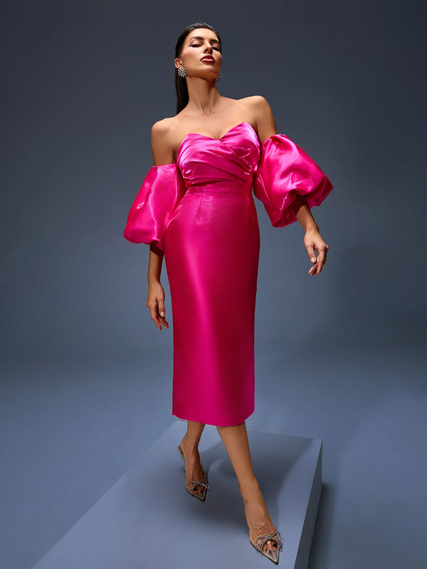 Elegant off-shoulder satin dress with puffy sleeves and ruffle