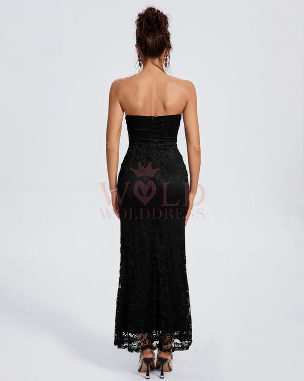 Strapless Crystal-Embellished Lace Maxi Dress