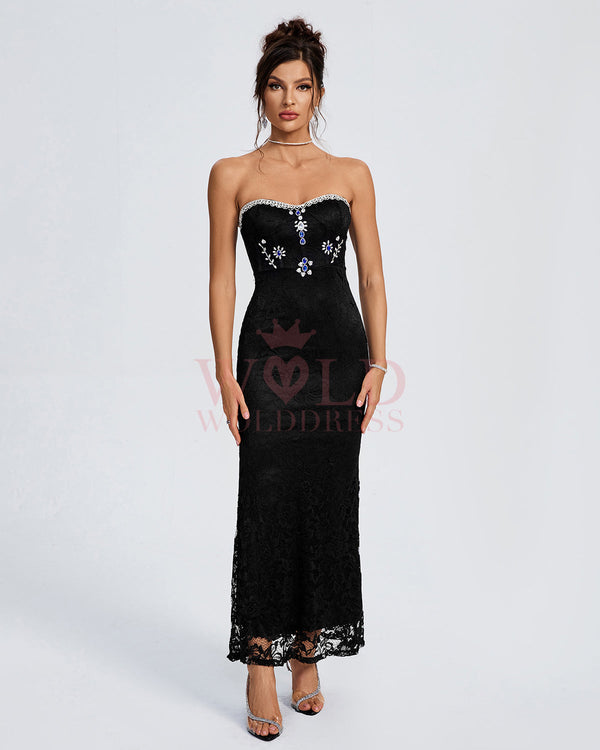 Strapless Crystal-Embellished Lace Maxi Dress