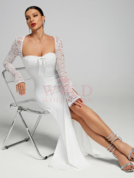White Lace-Sleeve High Slit Maxi Dress