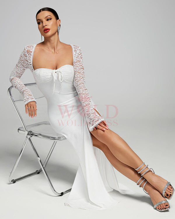 White Lace-Sleeve High Slit Maxi Dress