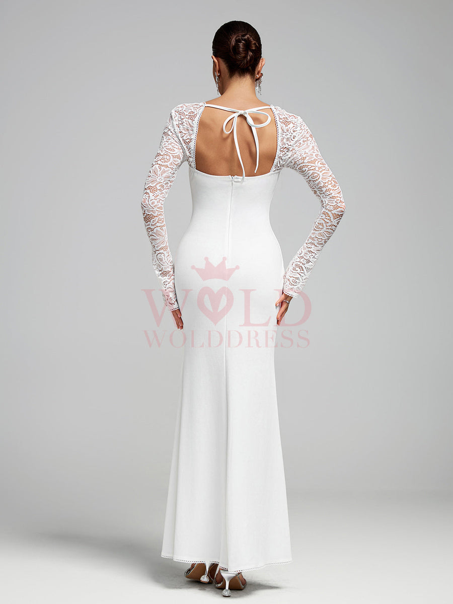 White Lace-Sleeve High Slit Maxi Dress