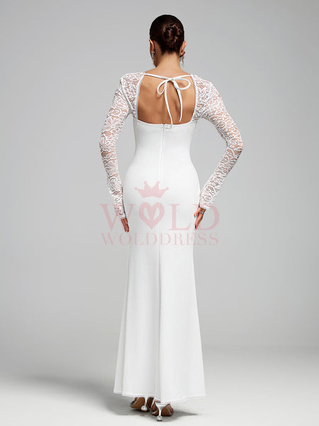 White Lace-Sleeve High Slit Maxi Dress