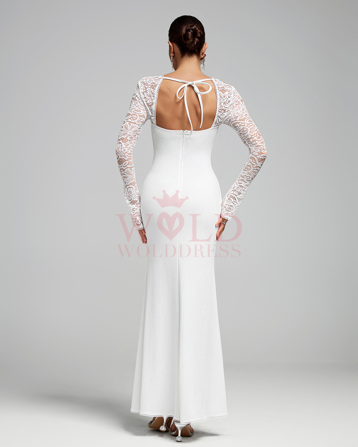 White Lace-Sleeve High Slit Maxi Dress