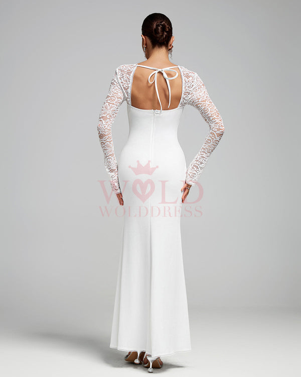 White Lace-Sleeve High Slit Maxi Dress