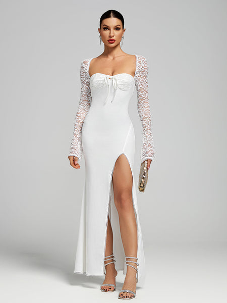 White Lace-Sleeve High Slit Maxi Dress
