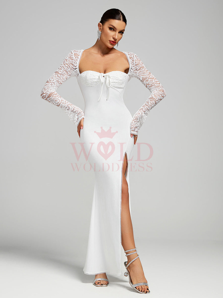 White Lace-Sleeve High Slit Maxi Dress