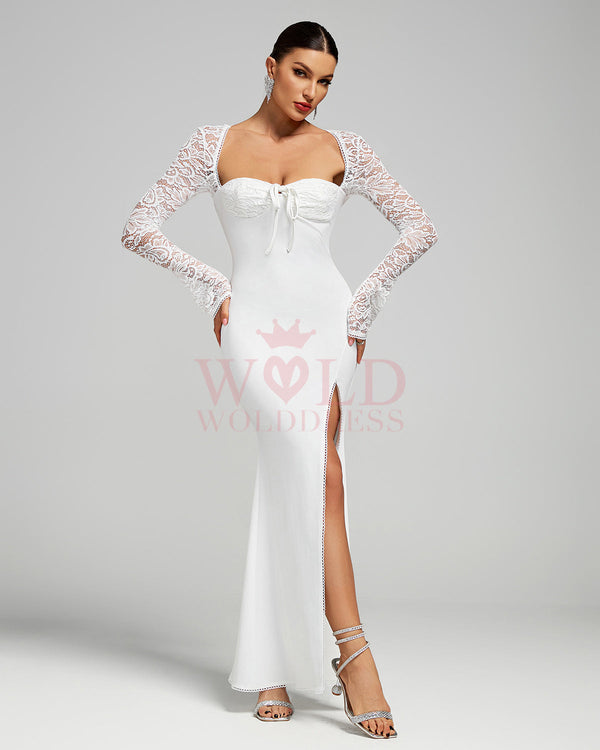 White Lace-Sleeve High Slit Maxi Dress