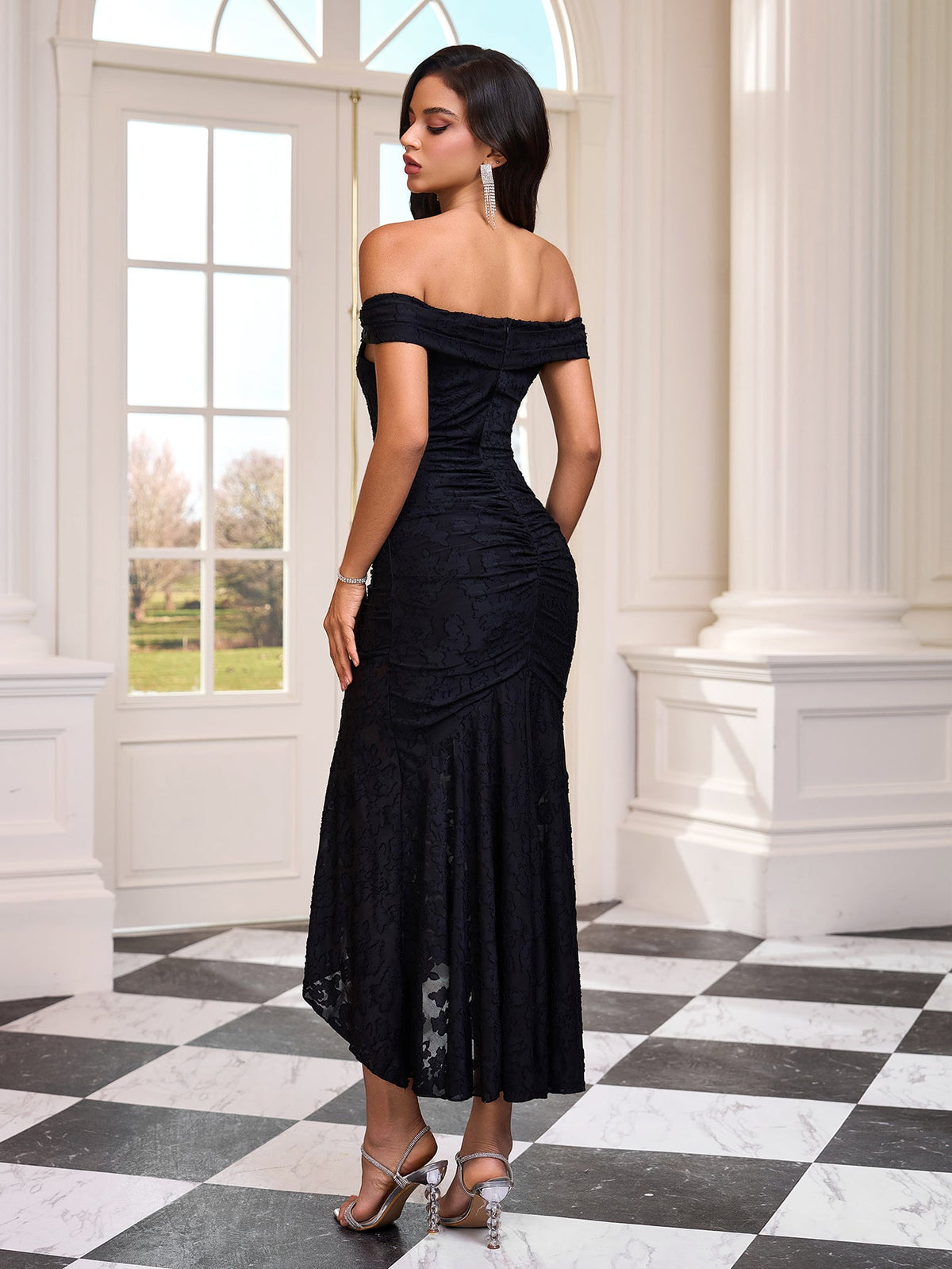 Off Shoulder Lace Ruched Fishtail Dress