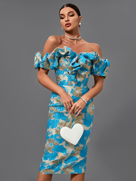 Elegant midi evening dress with off-shoulder neckline and pleats, bodycon fit