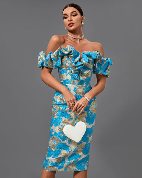 Elegant midi evening dress with off-shoulder neckline and pleats, bodycon fit