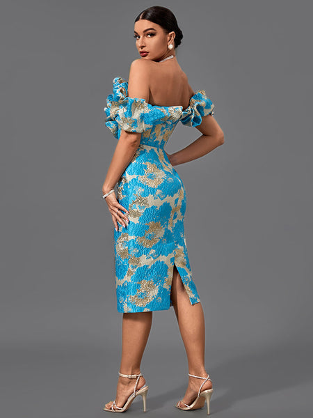 Elegant midi evening dress with off-shoulder neckline and pleats, bodycon fit