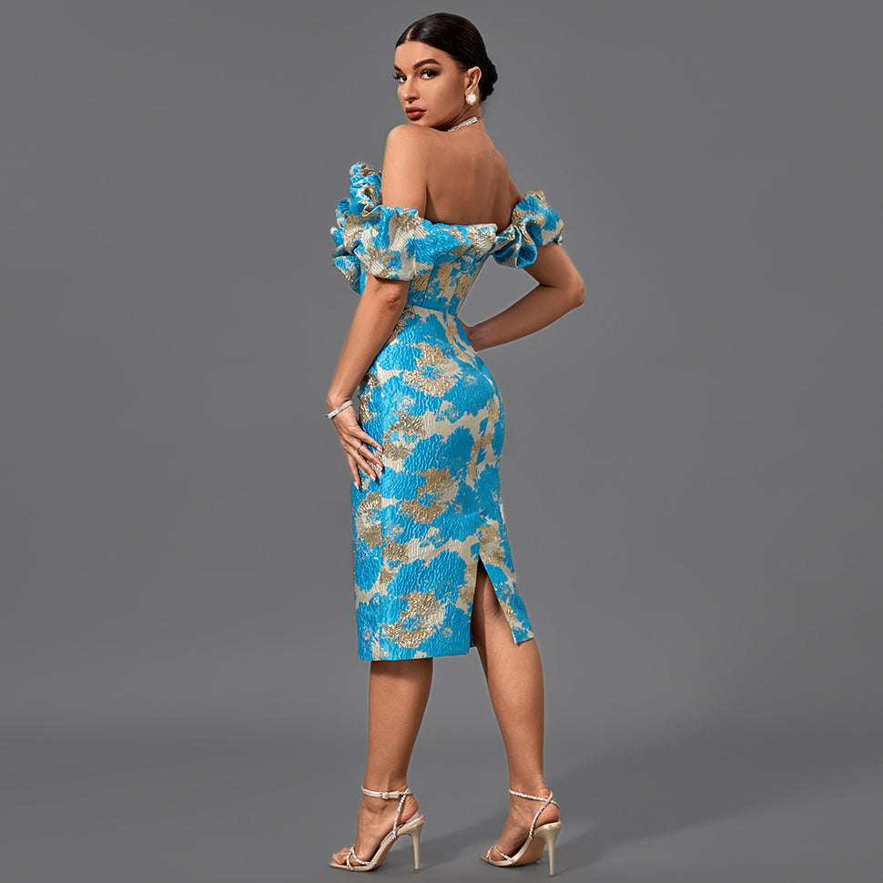 Elegant midi evening dress with off-shoulder neckline and pleats, bodycon fit