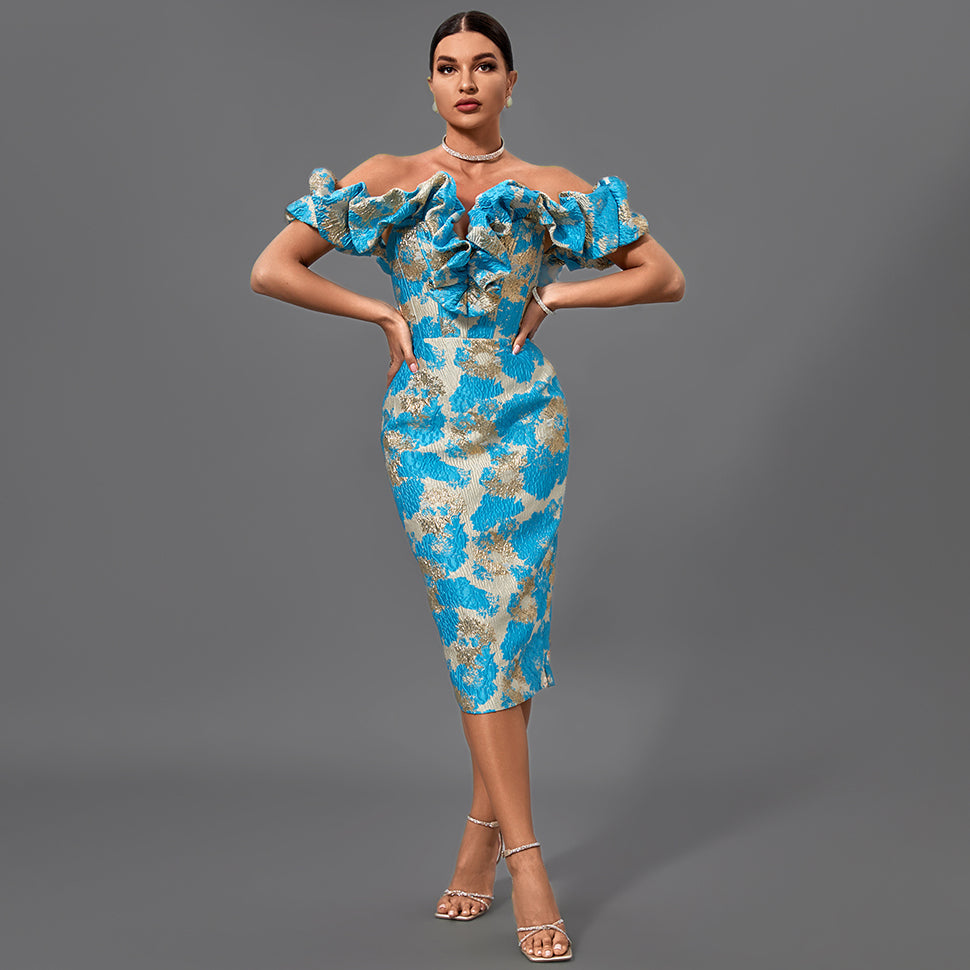 Elegant midi evening dress with off-shoulder neckline and pleats, bodycon fit