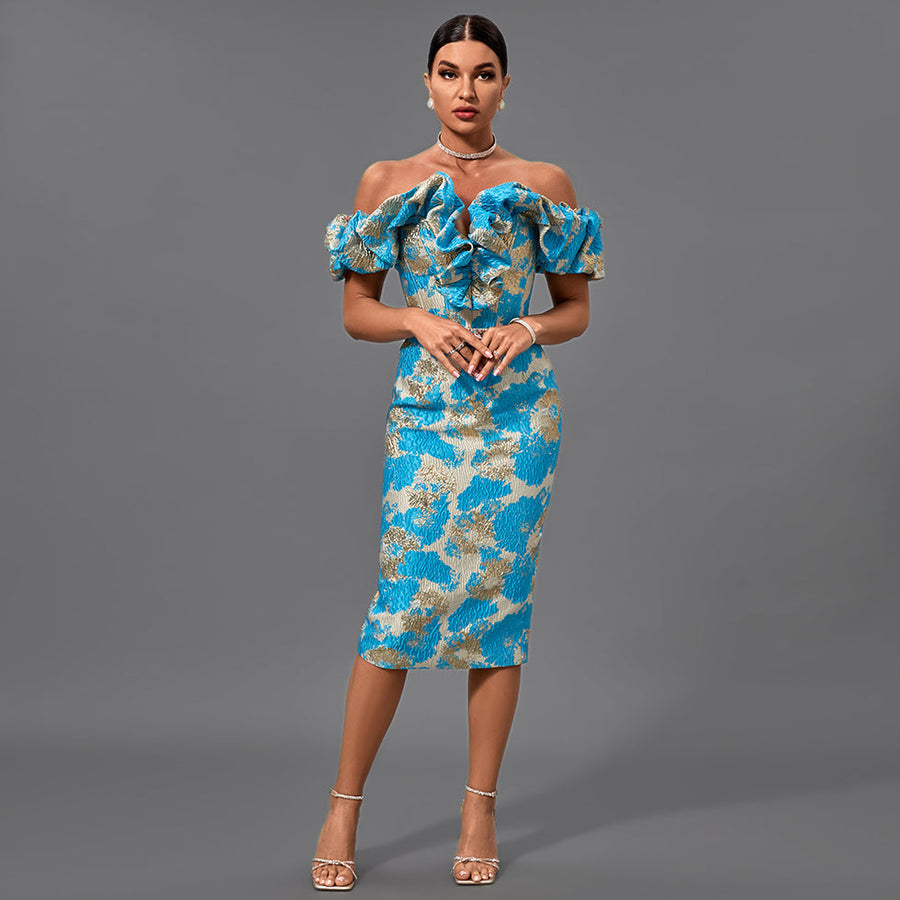 Elegant midi evening dress with off-shoulder neckline and pleats, bodycon fit