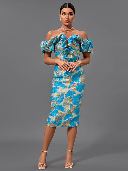 Elegant midi evening dress with off-shoulder neckline and pleats, bodycon fit