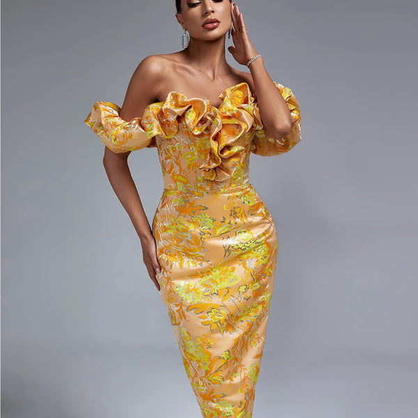 Elegant long pleated off-shoulder dress