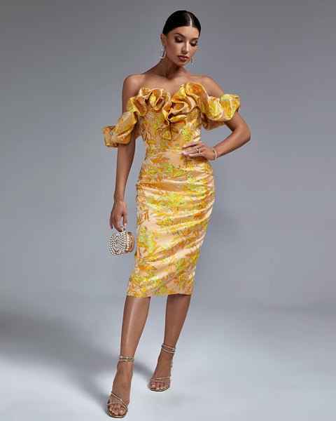 Elegant long pleated off-shoulder dress