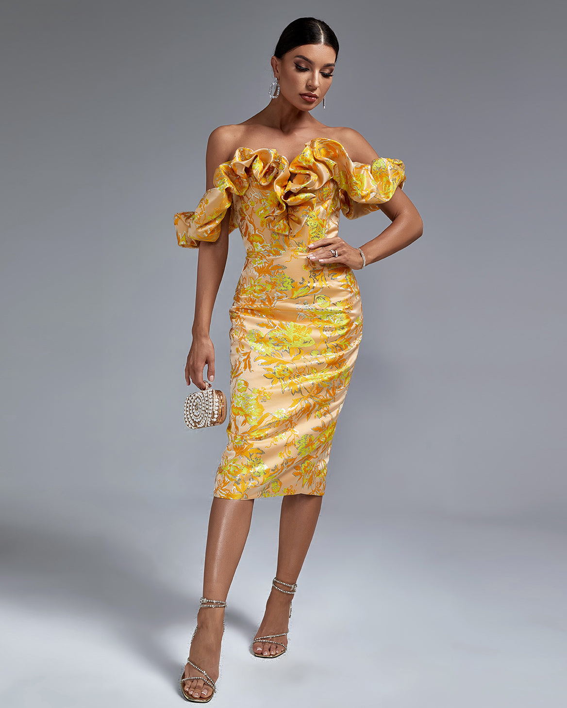 Elegant long pleated off-shoulder dress