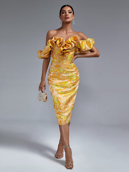 Elegant midi evening dress with off-shoulder neckline and pleats, bodycon fit